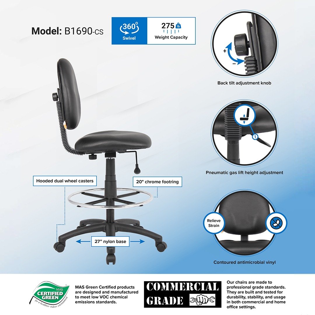 Boss Black Antimicrobial Drafting Stools W/Footring