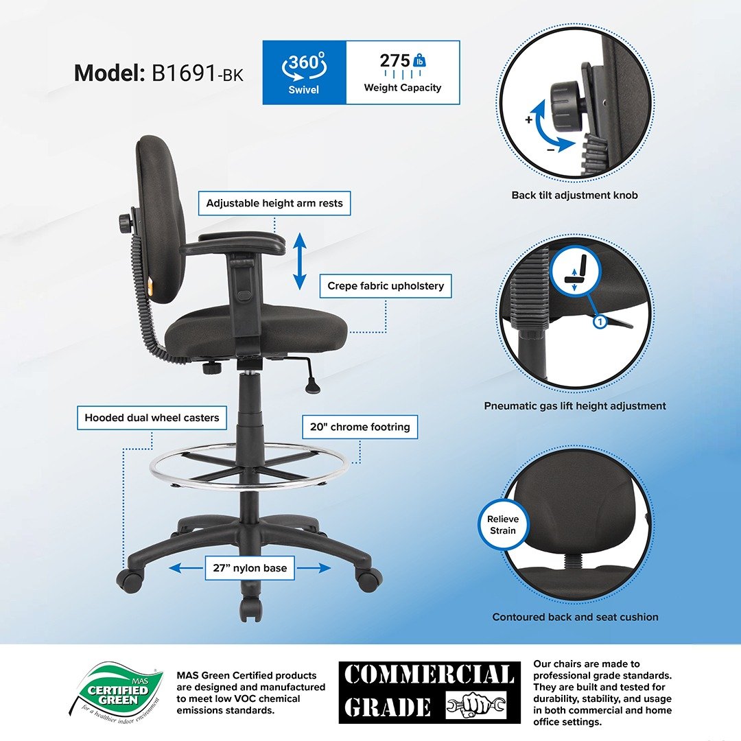 Boss Black Antimicrobial Drafting Stools W/Adj Arms & Footring