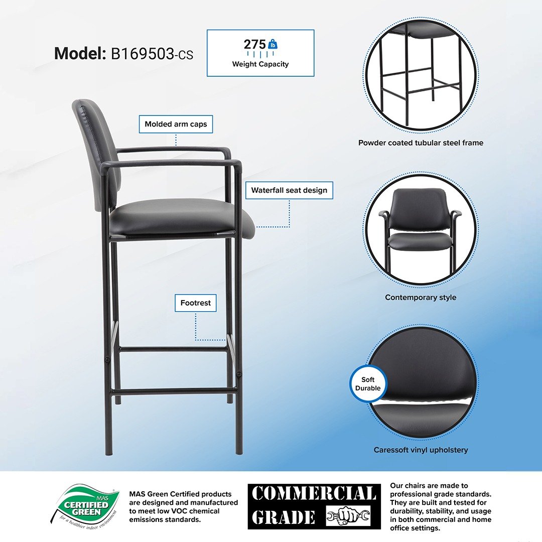 Boss Square Back Diamond Stool W/Arm In Black Caressoft