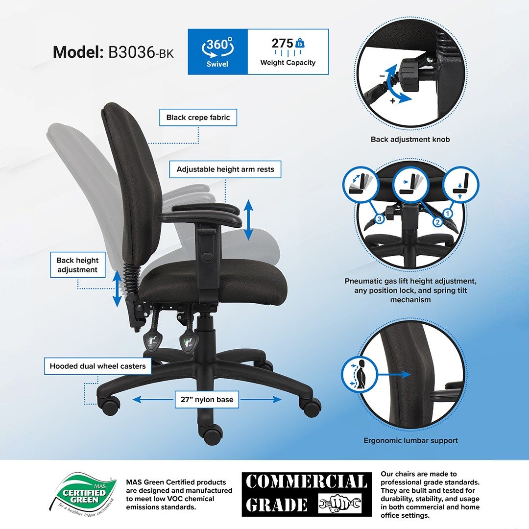 Boss Multi-Function Fabric Task Chair W/ Adjustable Arms