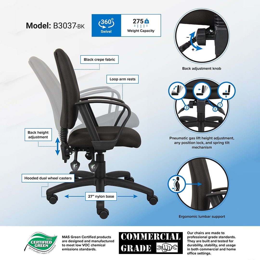 Boss Multi-Function Fabric Task Chair W/Loop Arms