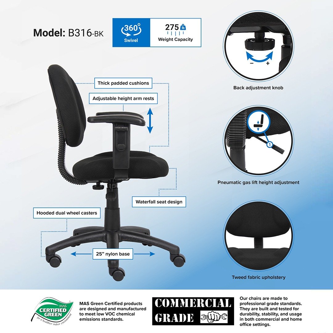 Boss Black  Deluxe Posture Chair W/ Adjustable Arms - Image 5
