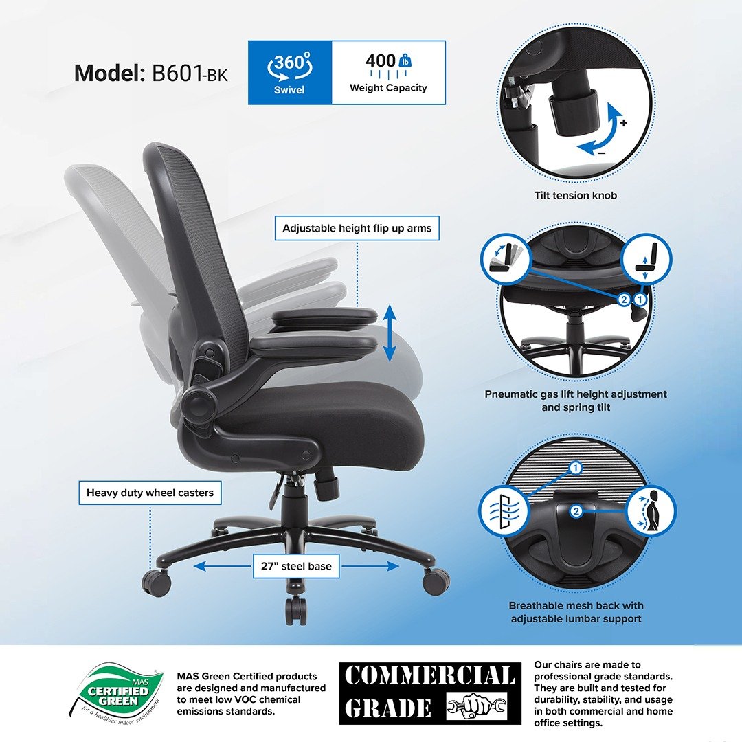 Boss Mesh Heavy Duty Chair, 400 lb weight capacity