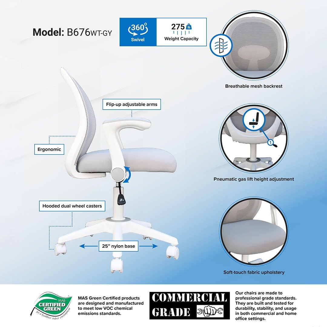 Boss Grey Mesh, Flip Arm, Task Chair, White Frame - Image 7