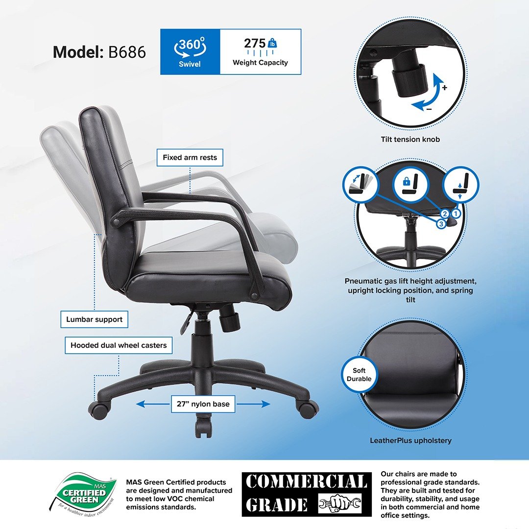 Boss Mid Back Executive Chair In LeatherPlus