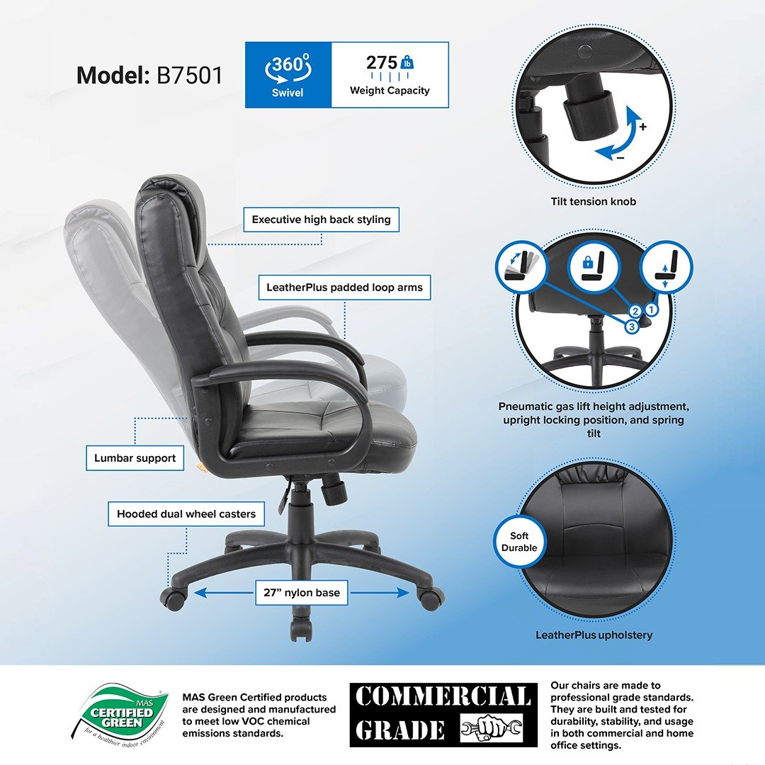Boss Executive Leather Plus Chair W/Padded Arm