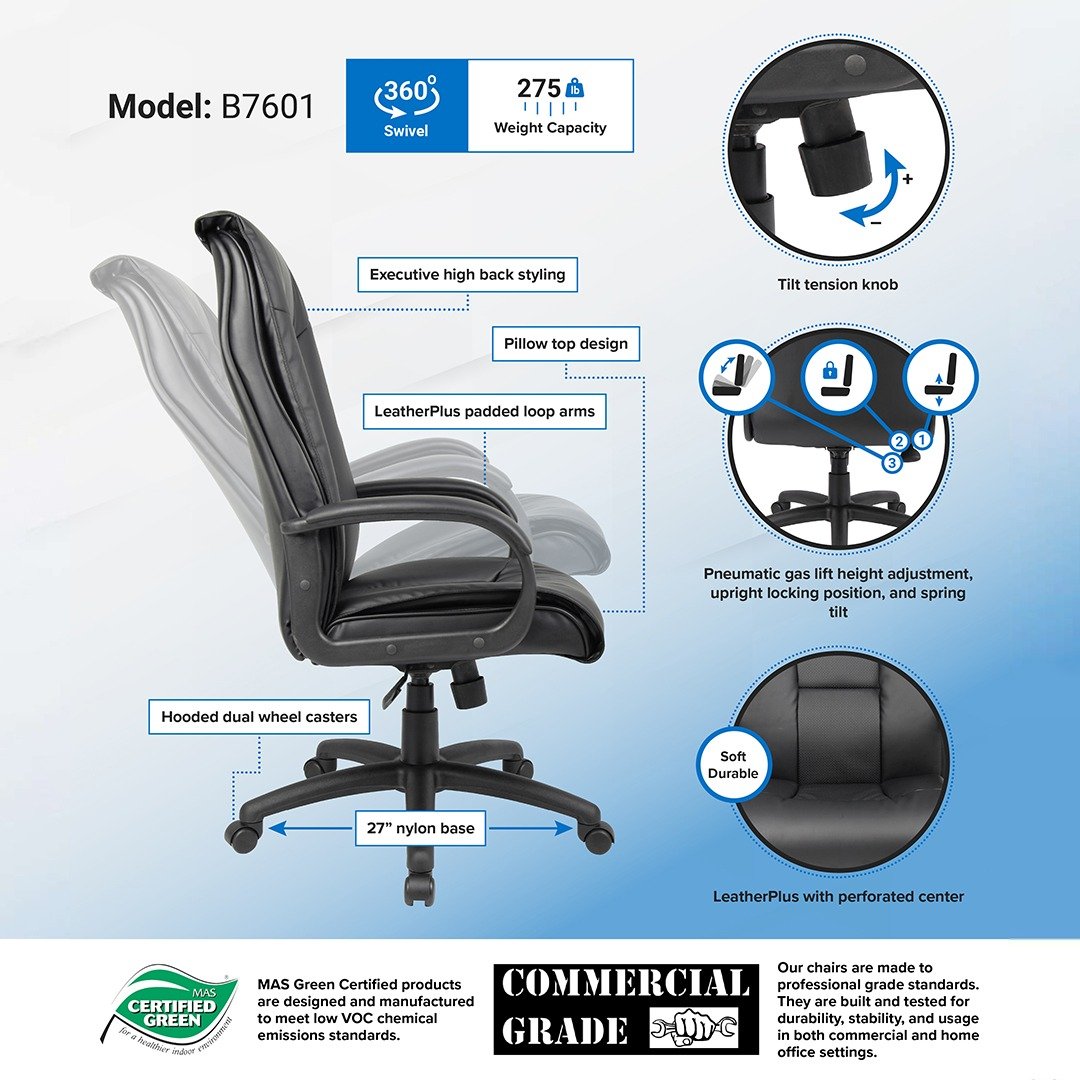 Boss Executive Leather Plus Chair W/Padded Arm