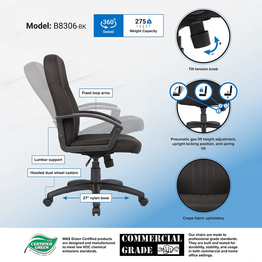 Boss Mid Back Fabric Managers Chair In Black