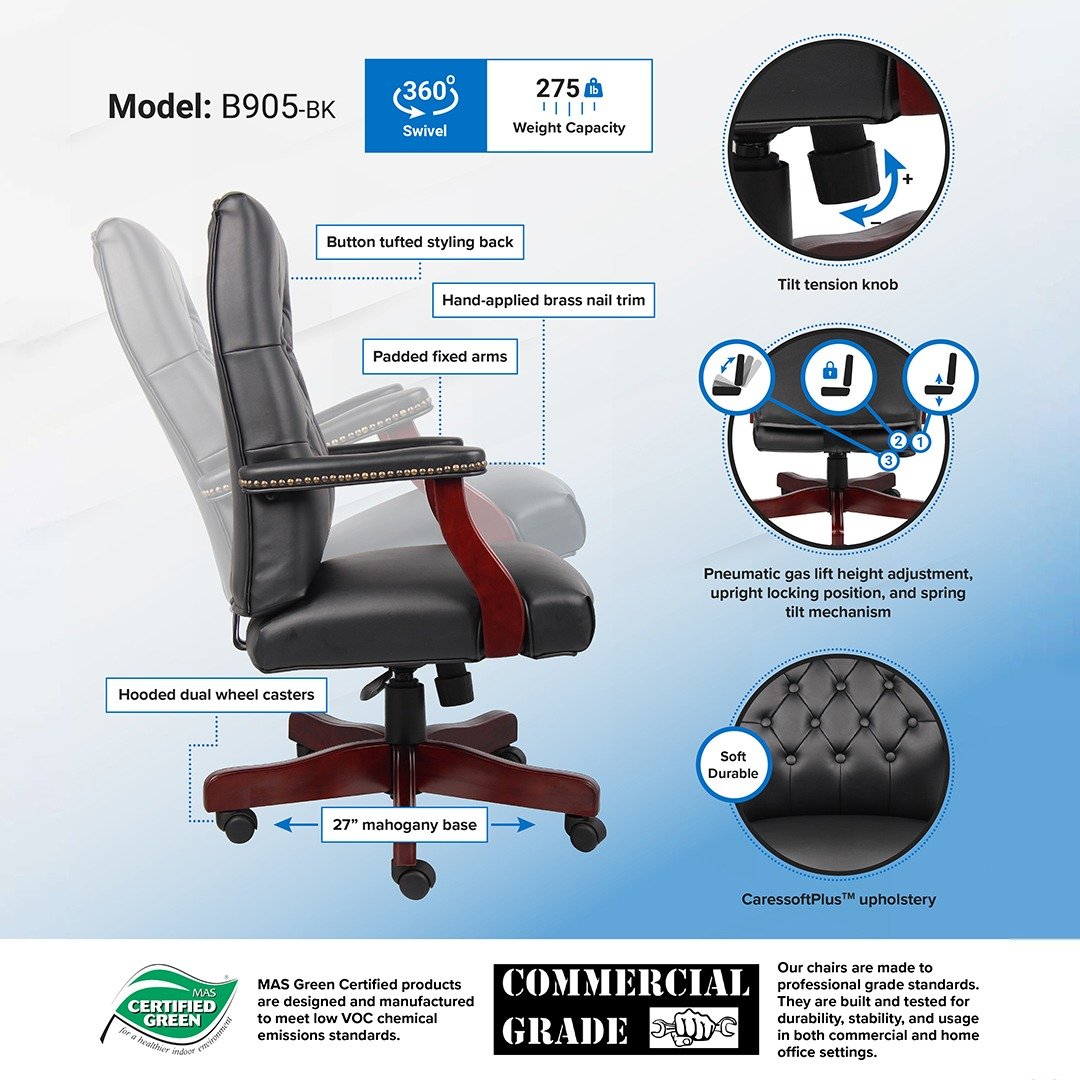 Boss Classic Black Caressoft Chair With Mahogany Finish Frame