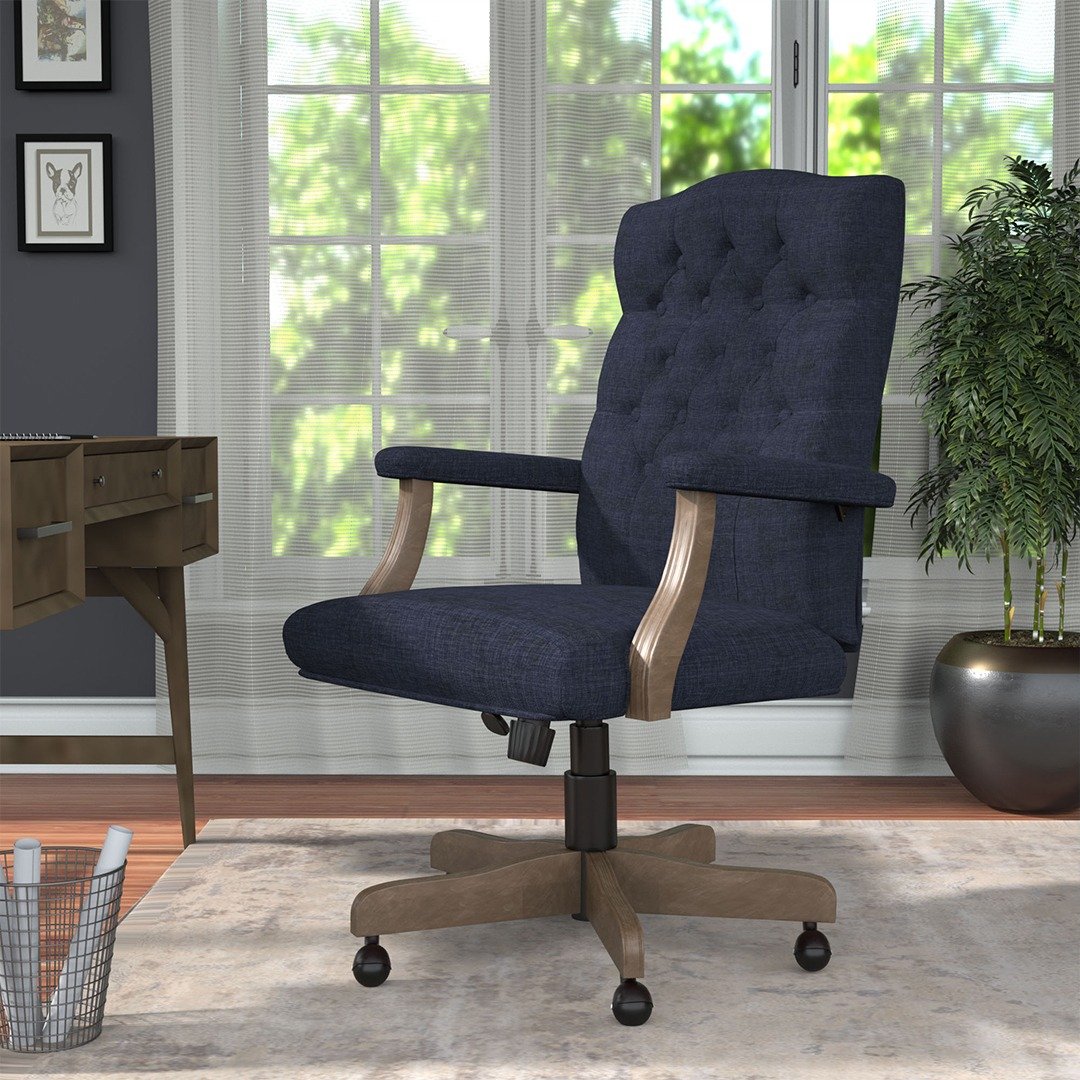 BOSS Executive Navy Commercial Grade Linen Chair With Driftwood Finish Frame