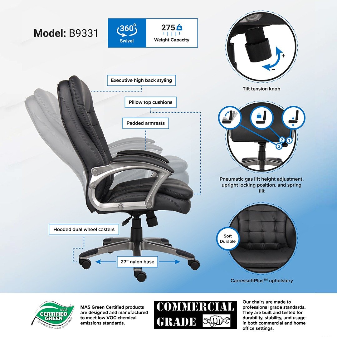 Boss High Back Executive Chair With Pewter Finished Base/Arms