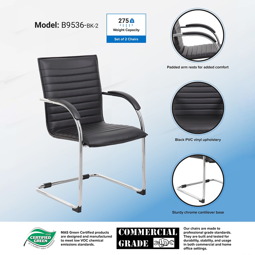 Boss Chrome Frame, Black Vinyl Side Chair, 2 pack - Image 3