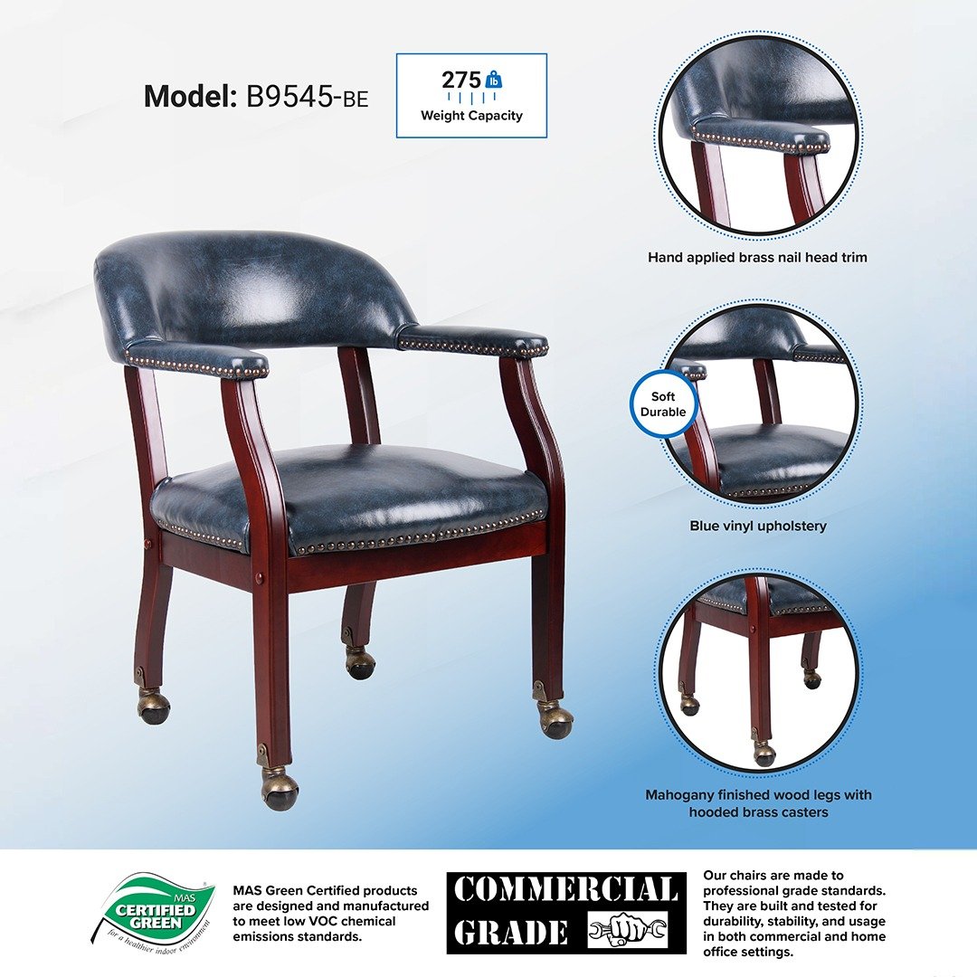 Boss Captain's guest, accent or dining chair in Blue Vinyl W/ Casters