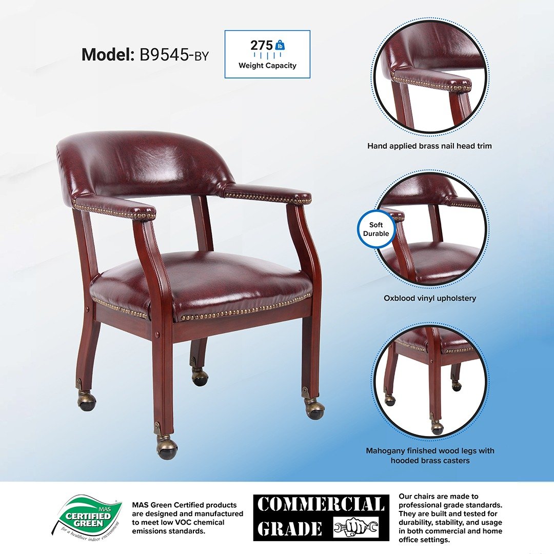 Boss Captain's guest, accent or dining chair in Burgundy Vinyl W/ Casters