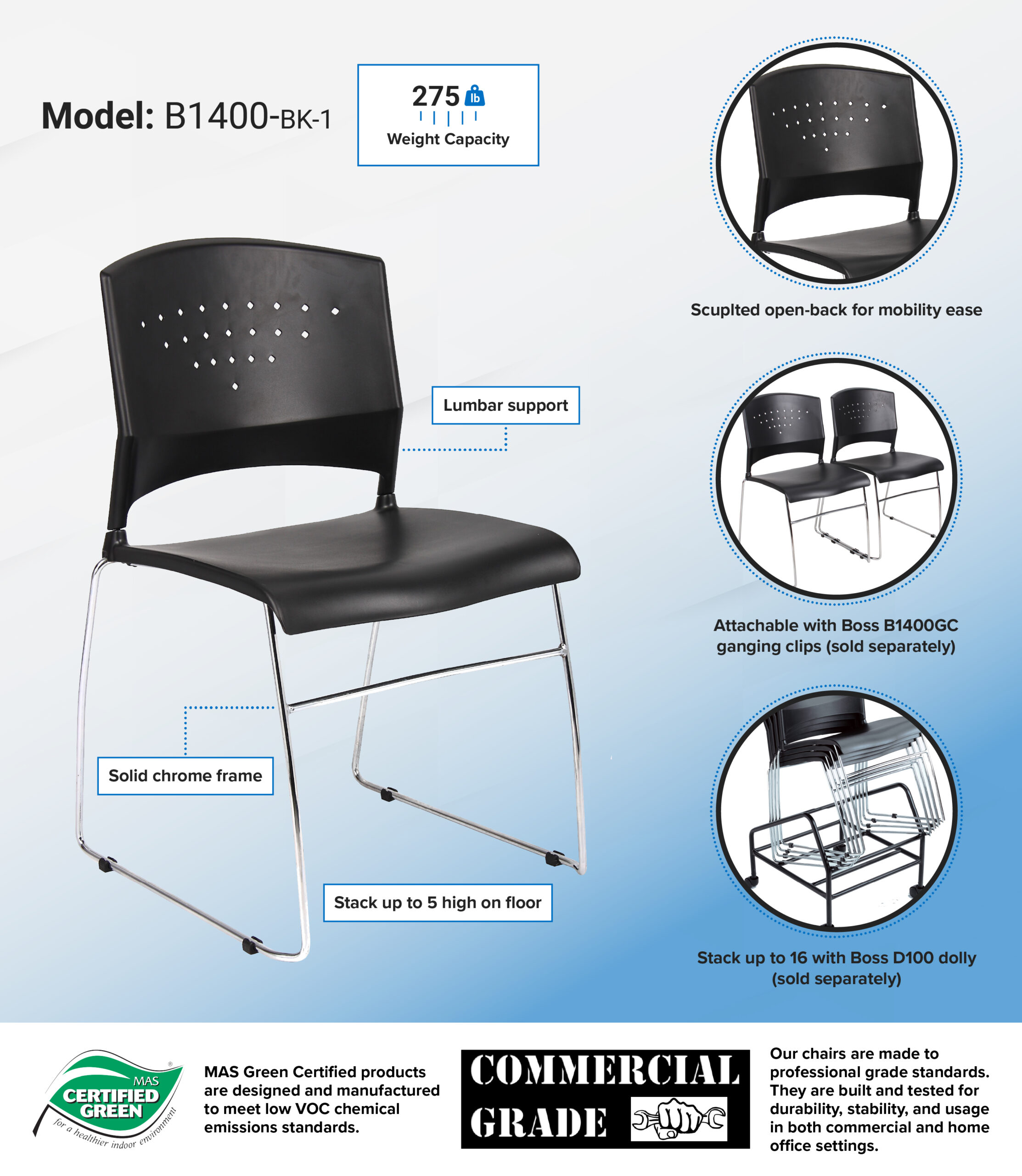 Boss Black Stack Chair With Chrome Frame (set of 5) - Image 5